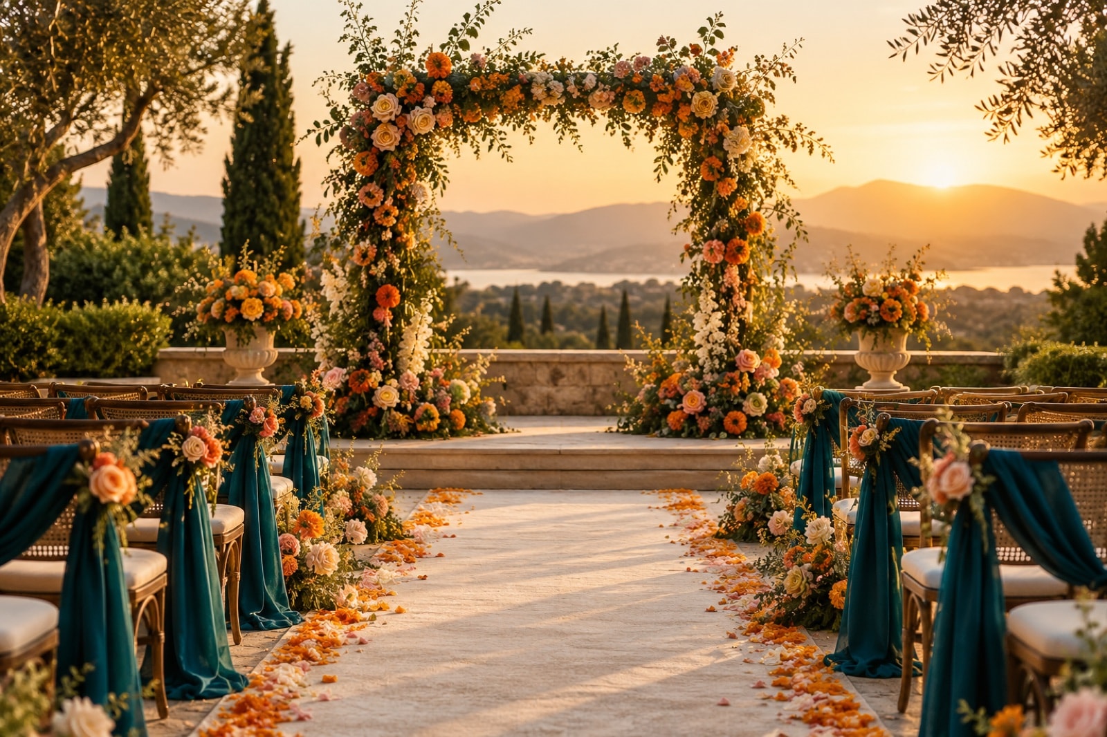 A garden wedding aisle at golden hour with a floral arch and teal-draped chairs