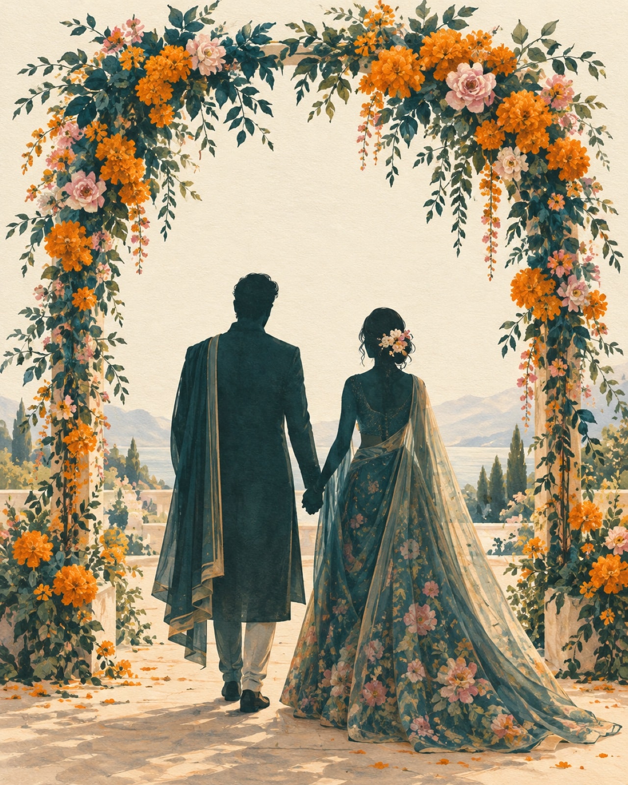 Illustration of a couple holding hands beneath a marigold arch