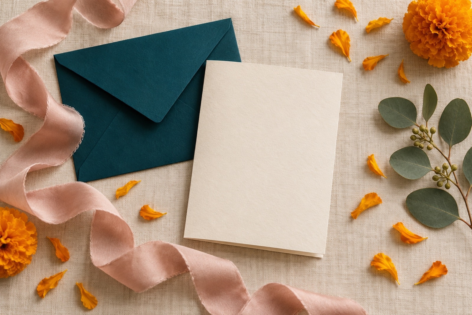 Wedding stationery with a teal envelope and marigold petals