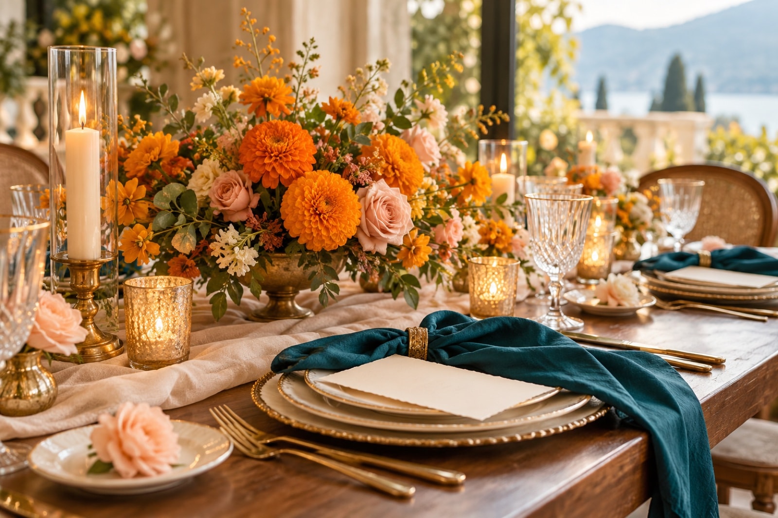A wedding reception table with marigold centrepiece, candles and teal napkins